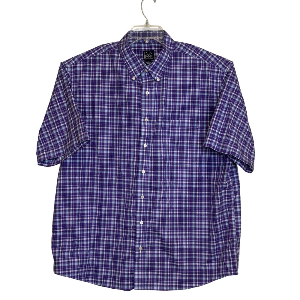 Jos A Bank Traveler Collection Shirt XXL Mens Purple Plaid Short Sleeve ButtonUp
